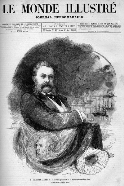 Porträtt av Chester Alan Arthur (1830-1886), USA:s president. Gravyr av Edmond Morin. En av "The Illustrous World" nr 1279 av 1 oktober av Edmond Morin