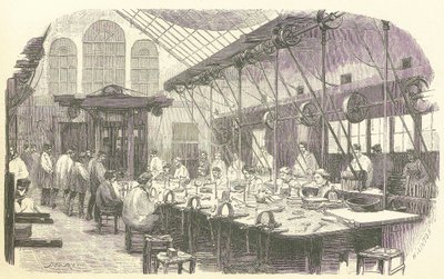 Silversmeder på jobbet på Christophle Flatware Factory i Paris, pub. 1875 (gravyr) av Edmond Morin