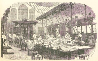 Silversmeder på jobbet på Christophle Flatware Factory i Paris, pub. 1875. av Edmond Morin