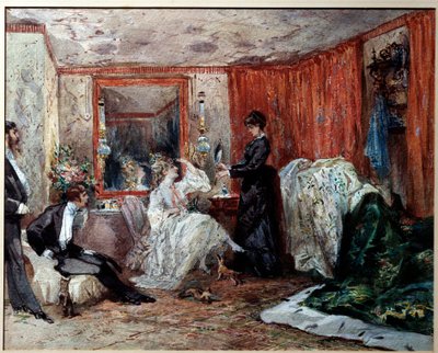 Teaterkomikern Hortense Schneider (1833-1920), älskarinna till Jacques Offenbach (1819-1890), representerar till vänster i sitt omklädningsrum på Theatre des varietes. Akvarell av Edmond Morin (1824-1882) 1873 Compiegne, Castle Museum av Edmond Morin