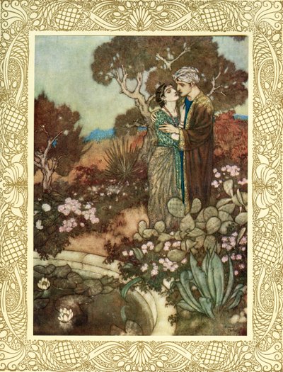 Har du, under din lilla nådatimme, den vajande cypressen i dina armar, innan modern återvänder till sina armar, och upplöser dig i en sista omfamning, illustration från "The Rubaiyat of Omar Khayyam", publicerad 1909 (färglitografi) av Edmund Dulac