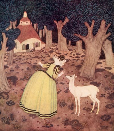 "Giroflee tackade fen och gick långt in i skogen, och där såg hon mycket riktigt en hydda och en gammal kvinna som satt utanför", illustration från den franska sagan The Hind of the Wood, ur Edmund Dulacs Fairy-Book: Fairy Tales of the Allied Nations, av Edmund Dulac