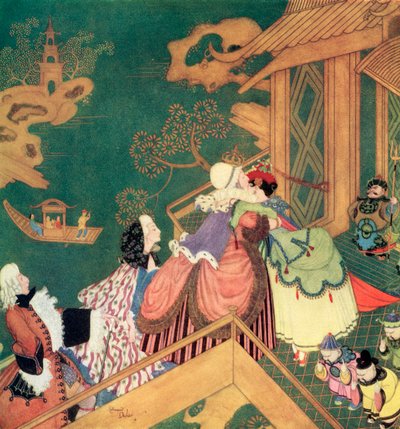 "Laideronnette kysste och omfamnade den goda beskyddarinnan", illustrationfrån den franska sagan Den gröna ormen, ur Edmund Dulacs Fairy-Book: Fairy Tales of the Allied Nations, utgiven 1916 av Edmund Dulac