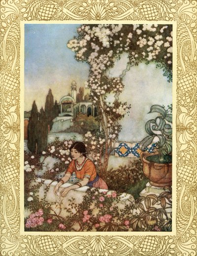 Se på den blåsande rosen omkring oss - "Se, skrattande", säger hon, "ut i världen blåser jag: På en gång min handväskas silkestofs och dess skatt på trädgårdens kast, illustration från "The Rubaiyat of Omar Khayyam", publicerad 1909 (färglitografi) av Edmund Dulac