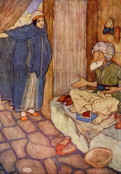 Mustapha tvivlade mycket på sin förmåga att avstå från frågor, illustration från "Ali Baba och de fyrtio tjuvarna av Edmund Dulac