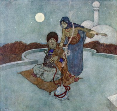 Hon ropade: "O olycklige man, vilken sorglig klocka är det inte som du har hållit", illustration från "Berättelsen om den magiska hästen av Edmund Dulac
