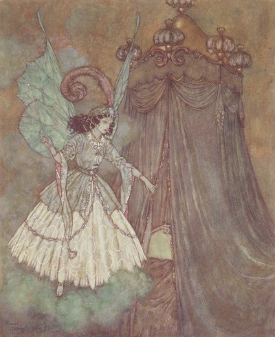 "Hon fann sig själv ansikte mot ansikte med en ståtlig och vacker dam", illustration från "Skönheten och odjuret av Edmund Dulac