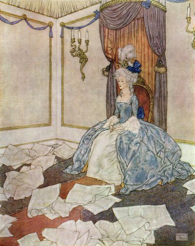 Hon har läst alla tidningar i världen och glömt dem igen, så smart är hon, framsida ur "Snödrottningen av Edmund Dulac