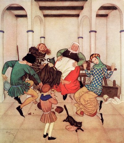 "The Friar, bound fast to the post, squirmed and wriggled, showing plainly that he would foot it if he could", illustrationfrån den engelska sagan The Friar and the Boy, ur Edmund Dulacs Fairy-Book: Fairy Tales of the Allied Nations, utgiven 1916 av Edmund Dulac