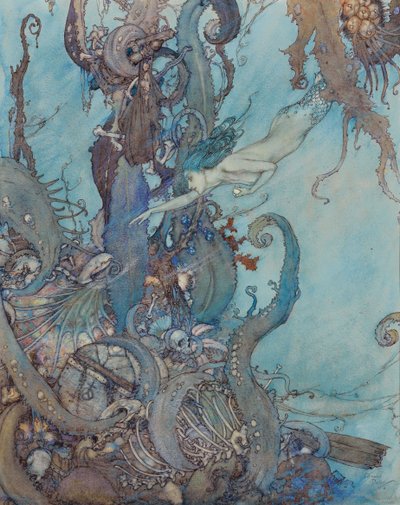 Den lilla sjöjungfrun, "Vid blotta åsynen av den ljusa vätskan drog de sig tillbaka i skräck" av Edmund Dulac