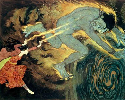 Prinsessan bränner Elfrite till döds, ur berättelsen om de tre kalendrarna i "Sinbad the Sailor and Other Stories" (färglitografi) av Edmund Dulac