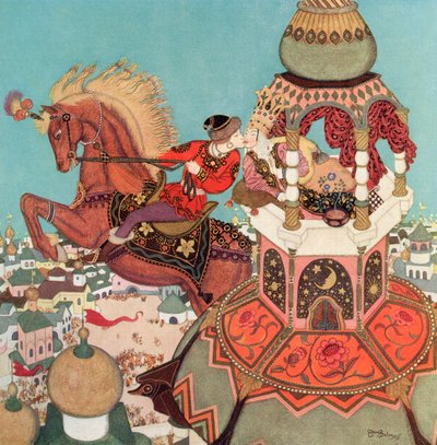 "Kastanjehästen tycktes dröja sig kvar i luften på toppen av sitt språng medan kyssen varade", illustration från den ryska sagan Ivan och kastanjehästen, ur Edmund Dulacs Fairy-Book: Fairy Tales of the Allied Nations, utgiven 1916 av Edmund Dulac