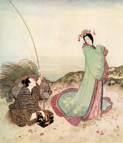 "Urashima var så förtrollad att han inte kunde säga ett ord", illustration från den japanska sagan The Story of Urashima Taro, ur Edmund Dulacs Fairy-Book: Fairy Tales of the Allied Nations, utgiven 1916 av Edmund Dulac
