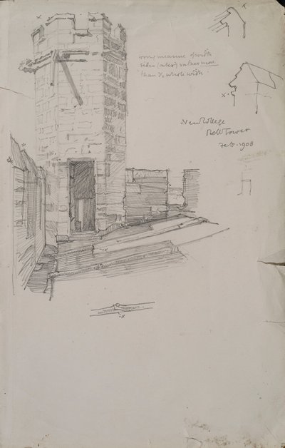 Skiss av klocktornet vid New College, med en detalj av det blyinfattade taket, 1908 blyertspenna på papper av Edmund Hort New