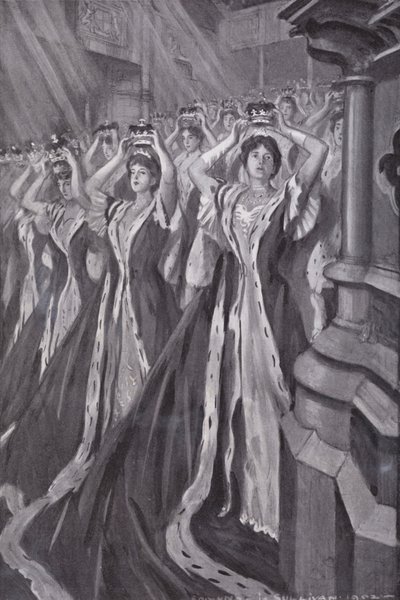 Peeresses sätter på sig sina kransar vid kröningen av drottning Alexandra, gemål till kung Edward VII, Westminster Abbey, London av Edmund Joseph (after) Sullivan