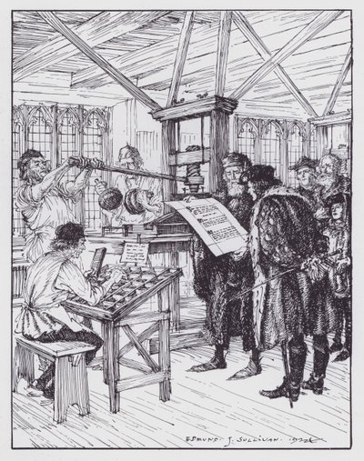 William Caxton i sitt tryckeri (litho) av Edmund Joseph (after) Sullivan
