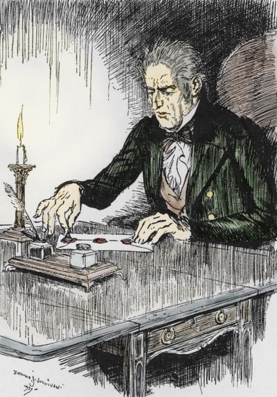 Dr jekyll avslutar brevet där han erkänner att han är mördaren Mr Hyde, Illustration av Edmund Joseph Sullivan (1869-1933) till romanen L