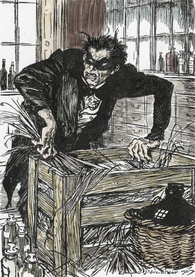 Dr jekyll söker desperat efter pulvren som gör det möjligt för honom att förnedra sin karaktär av Mr Hyde, Illustration av Edmund Joseph Sullivan (1869-1933) för romanen L