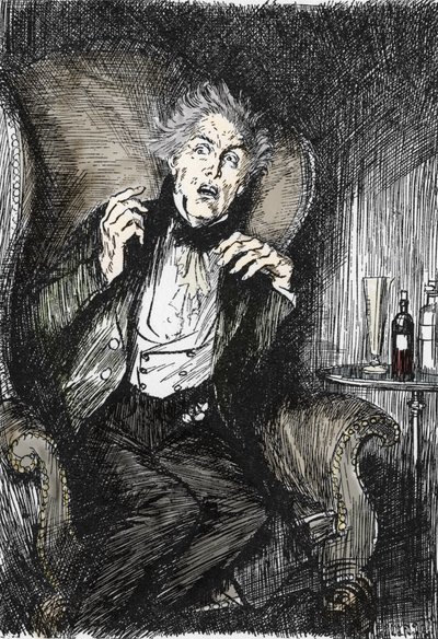Dr jekyll i skräck under sitt samtal med Utterson och Enfield, Illustration av Edmund Joseph Sullivan (1869-1933) för romanen L