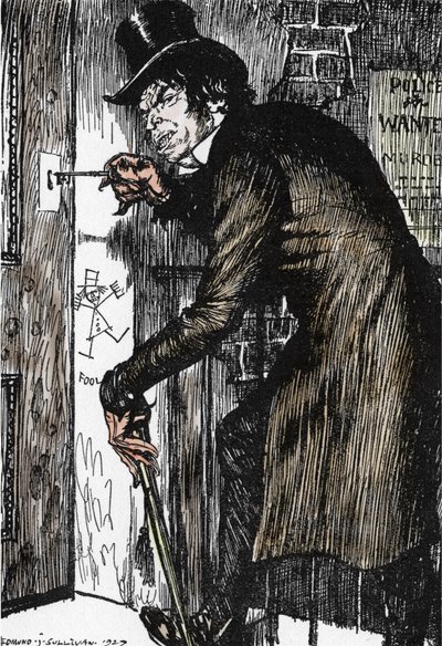 Mr Hyde återvänder hem efter en natt av äventyr för att ta motgiften och återuppta framträdandet av Dr Jekyll, Illustration av Edmund Joseph Sullivan (1869-1933) för romanen L