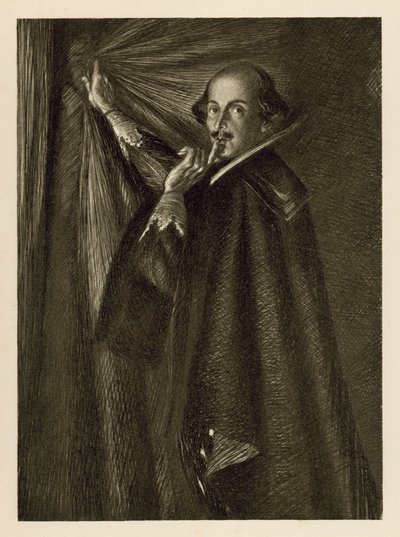 William Shakespeare håller i gardinen och säger åt oss att vara tysta (litho) av Edmund Joseph Sullivan