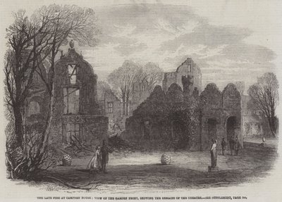 Den sena branden i Campden House, View of the Garden Front, som visar resterna av teatern av Edmund Morison Wimperis