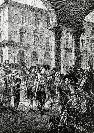 Möte under Turins arkader, illustration till Stormen, Satet, Turin av Edoardo Calandra