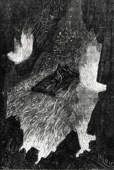 Flotten böljade på vågor av lava, illustration från "Voyage au centre de la terre" av Jules Verne (1828-1905), graverad av Pannemaker, utgiven av J.Hetzel (engravind) (sv/v foto) av Edouard (after) Riou