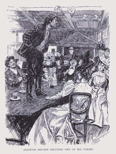 Bohemiska Paris: Aristide Bruant reciterar en av sina verser (lito) av Edouard Alfred (1875-1954) Cucuel
