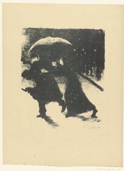 Man och kvinna under paraply i snö på kvällen Nocturne L