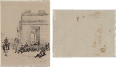 Soldater som vilar (recto) Skiss av en man med upphöjd arm och skiss av en hjälm (verso) av Edouard Detaille