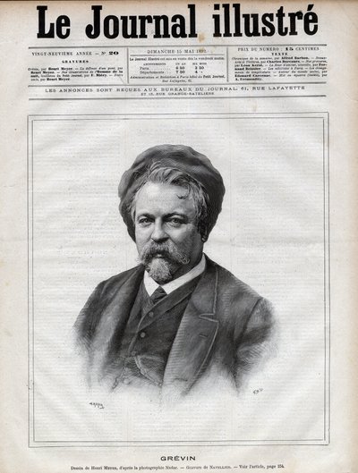Alfred Grevin (1827-1892) skulptör, serietecknare, serietecknare, serietecknare och designer av franska teaterkostymer - Gravyr av Navellier efter Nadars foto i "The Illustrous Journal" från 1892 av Edouard Felicien Eugene Navellier