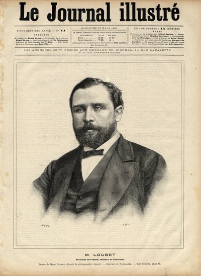 Emile Loubet (1836-1929) 1892 (rådets ordförande - inrikesminister) Gravyr av Navellier i "The Illustrous Journal" från 1892 av Edouard Felicien Eugene Navellier