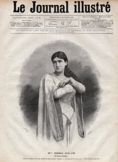 Porträtt av Emma Calve (Rosa Noemie Emma Calvet de Roquet, dit) (1858-1942), fransk sopran - Gravyr av Navellier i "The Illustrous Journal" från 1892 av Edouard Felicien Eugene Navellier