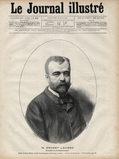 Porträtt av Ernest Lavisse (1842-1922), fransk historiker och akademiker - Gravyr av Navellier i "Le journal illustrious"" från 1892 av Edouard Felicien Eugene Navellier