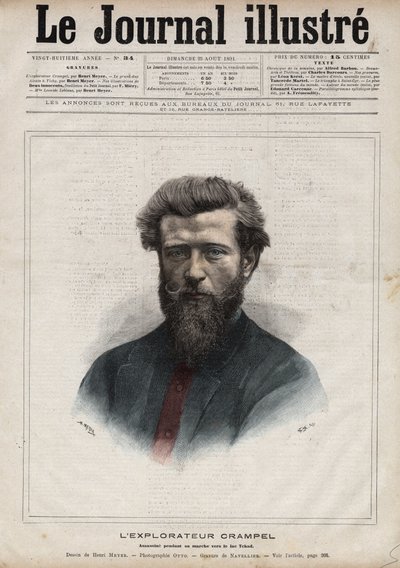 Porträtt av Paul Crampel (1864-1891), fransk upptäcktsresande i Centralafrika - Gravyr av Navellier i "The Illustrous Diary" från 1891 av Edouard Felicien Eugene Navellier