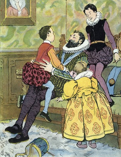 Kungen av Frankrike Henri IV leker med sina barn (1553-1610) Illustration av Edouard Zier i "Nos-Gloriers-Nationales"" 1920 Collection privee av Edouard Francois Zier