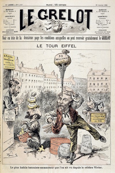 Tecknad film om finansiella skandaler "" Eiffeltornet: den skickligaste batonisten - retractor sett sedan den berömda Vivier"". Omslag "" Le Grelot"" från 22 januari av Edouard Guillaumin Pepin