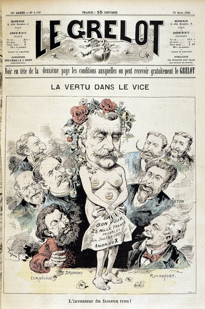 Tecknad film om Panama-skandalen: "Dygd i lasten: uppfinnaren av det berömda hålet!" - Couv. "Le Grelot" den 26 mars av Edouard Guillaumin Pepin