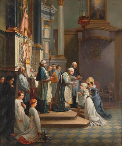 Besök av hertiginnan av Berry i kyrkan Notre Dame de Liesse i april 1819. av Édouard Henri Théophile Pingret