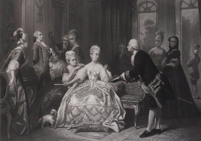 Christoph Willibald Gluck ger drottning Marie Antoinette partituret för operan... på Trianon. av Edouard Jean Conrad Hamman