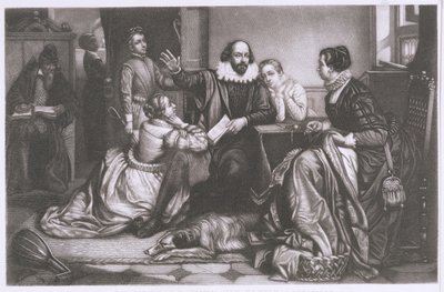 Shakespeare med sin familj, i Stratford, reciting the Tragedy Hamlet (stippgravyr och etsning) av Edouard Jean Conrad Hamman
