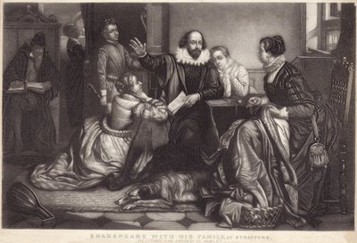 Shakespeare med sin familj i Stratford on Avon, reciterar tragedin om Hamlet av Edouard Jean Conrad Hamman