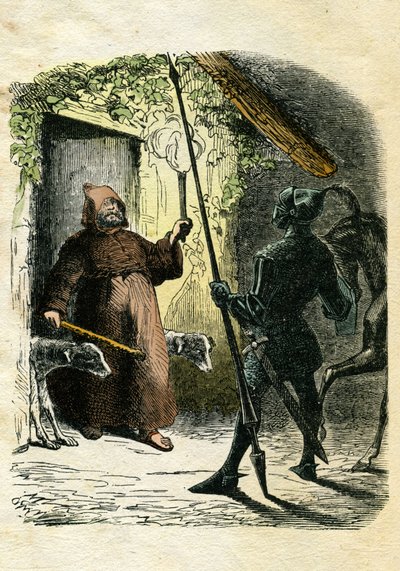 Illustration von Edward Frère (1797-1874) und Theodore Lix (1830-1897) für „Ivanhoe“ von Walter Scott (1771-1832), schottischer Schriftsteller: Der Schwarze Ritter nimmt die Gastfreundschaft eines Einsiedlers im Wald an. von Edouard & Lix Theodore (1830-1897) Frere