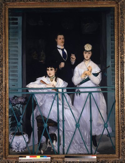 Balkong Två unga kvinnor som håller en fläkt och ett paraply och en man med en slips. Porträtt av Berthe Morisot (1841-1895), fransk målare, Fanny Claus (1846-1877), violinist, Antoine Guillemet (1841-1918) landskapsarkitekt och bakgrund Leon Leenhoff. Mål av Édouard Manet