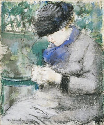 Flicka som sitter i trädgården, eller stickning, 1879 av Édouard Manet