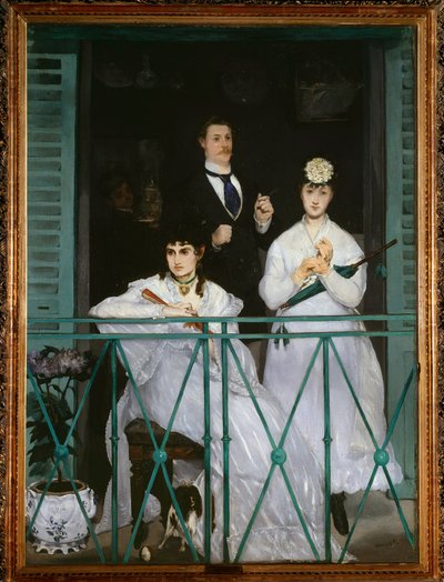 Balkongen (porträtt av Berthe Morisot, Fanny Claus, Antoine Guillemet och Leon Leenhoff) - olja på duk av Édouard Manet