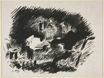 Under lampan, första illustrationen till Mallarmés översättning av Poes ”Korpen” av Édouard Manet