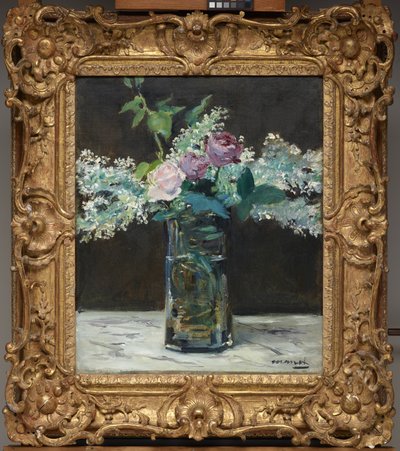 Vas med vita syrener och rosor av Édouard Manet
