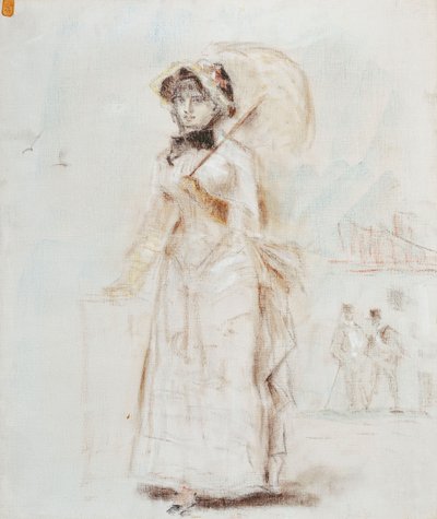 Kvinna som går med öppet paraply; Kvinna ute på promenad med ett öppet parasoll, 1880 av Édouard Manet